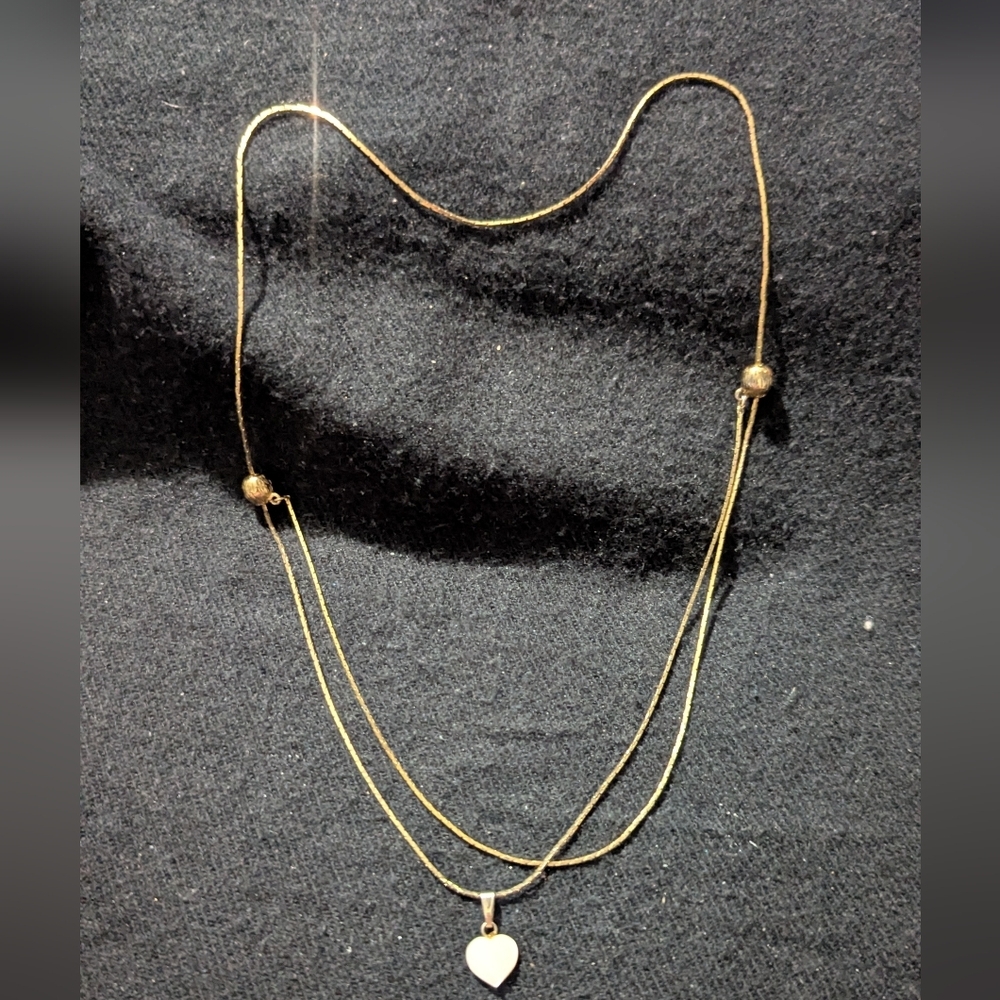 Vintage Gold Tone Mother Of Pearl White Heart Slide Knot Pendant Necklace